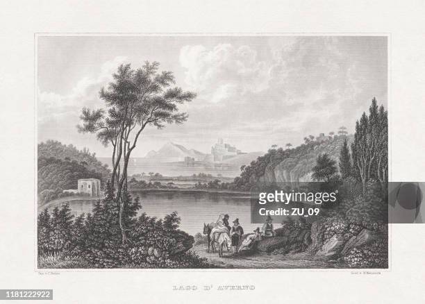 historical view of lago d’averno, italy, steel engraving, published 1860 - pozzuoli stock illustrations