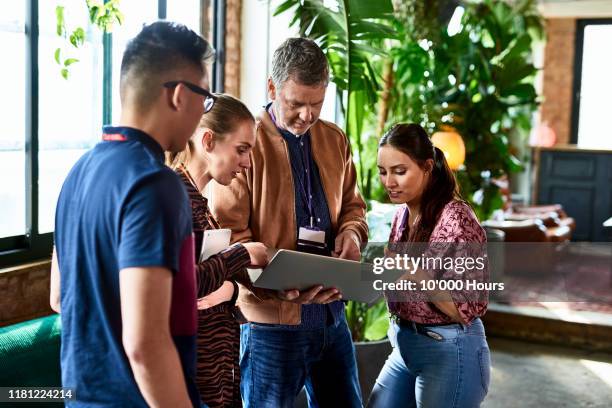 manager using laptop with team in office breakout area - language course stock pictures, royalty-free photos & images