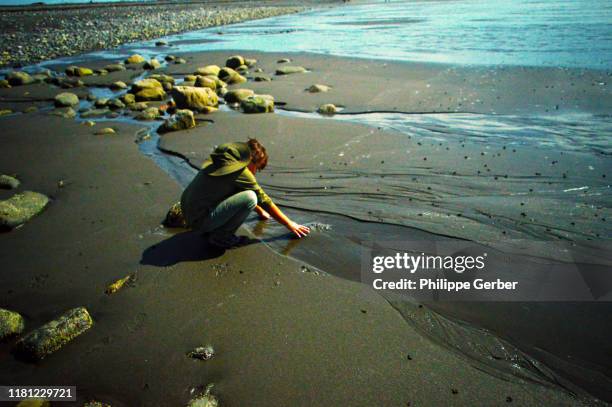 young boy playing in the sand in alaska - homer alaska stock-fotos und bilder