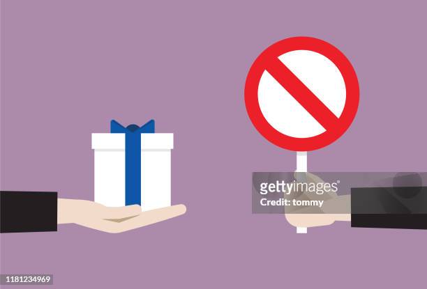 manager show prohibition sign to gift - corruption stock illustrations