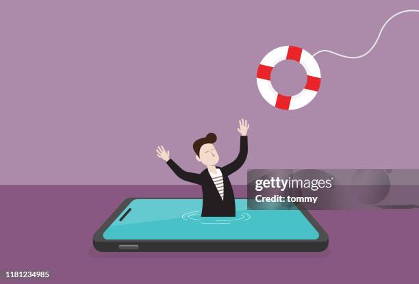 geschäftsmann in handy und rettungsring - rescue-drowning-cartoon stock-grafiken, -clipart, -cartoons und -symbole