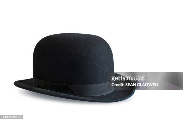 black bowler hat on white - hat stock pictures, royalty-free photos & images