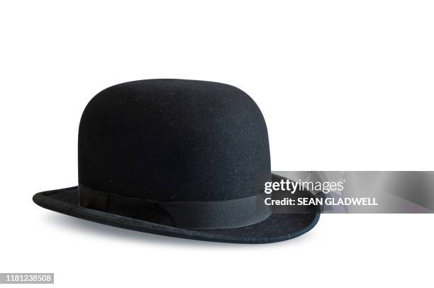 black bowler hat on white - bowler hat stock pictures, royalty-free photos & images