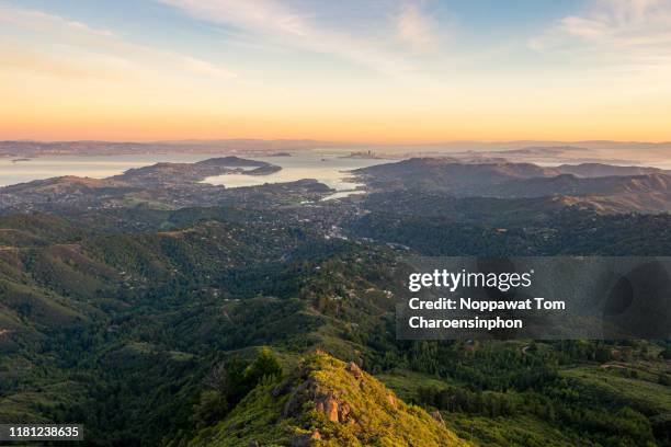 panoramic view of the whole bay area including san francisco, oakland, sausalito and marin city from mt.tamalpais, mill valley during sunset, california, western usa - mill valley stock pictures, royalty-free photos & images