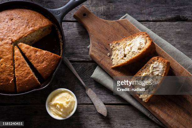 skillet banana bread - bread butter stock pictures, royalty-free photos & images