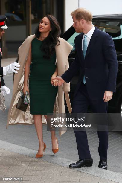 Prince Harry, Duke of Sussex and Meghan, Duchess of Sussex arrive at the WellChild awards at Royal Lancaster Hotel on October 15, 2019 in London,...