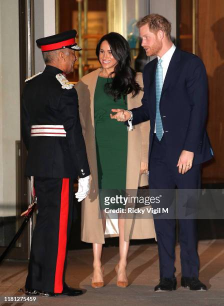 Prince Harry, Duke of Sussex and Meghan, Duchess of Sussex seen leaving the WellChild awards at Royal Lancaster Hotel on October 15, 2019 in London,...