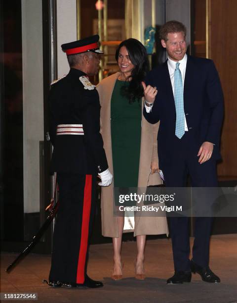 Prince Harry, Duke of Sussex and Meghan, Duchess of Sussex seen leaving the WellChild awards at Royal Lancaster Hotel on October 15, 2019 in London,...