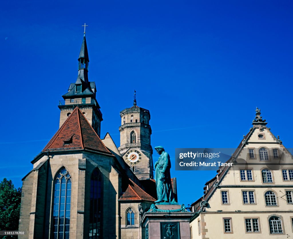 View of a church in a town square in Stuttgart