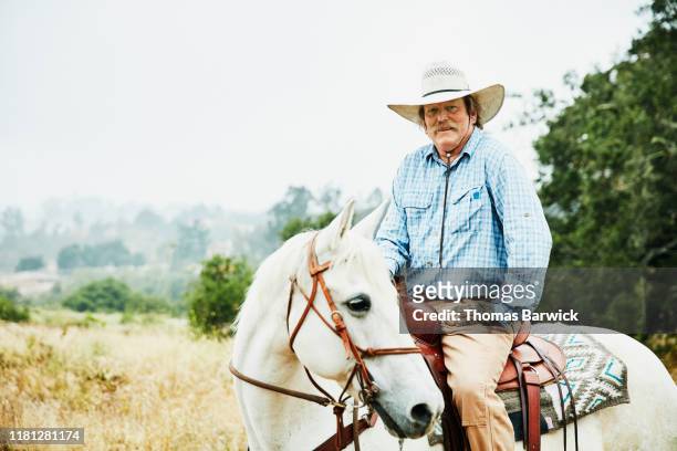 Portrait of smiling senior man sitting on horse during early morning ride