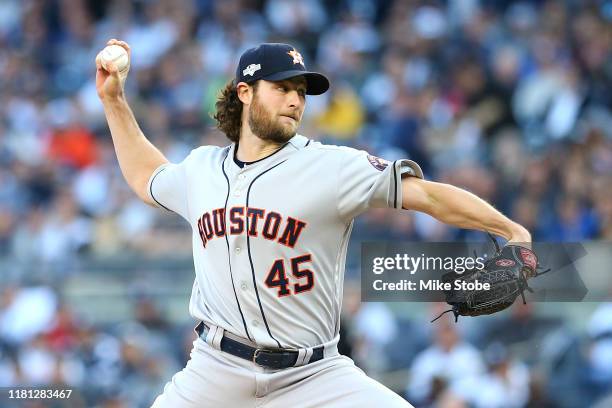 Gerrit Cole of the Houston Astros pitches during the first inning against the New York Yankees in game three of the American League Championship...