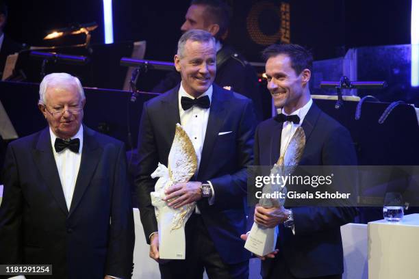 Dr. Rudolf Seiters, former Minister, Henry Maske and Sven Hannawald with Pegasos award during the German Sports Media Ball at Alte Oper on November...