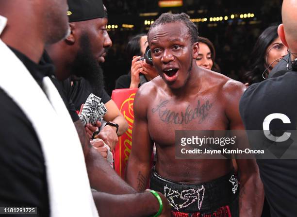 Reacts after it was announced he defeated Logan Paul in their pro debut fight at Staples Center on November 9, 2019 in Los Angeles, California. KSI...