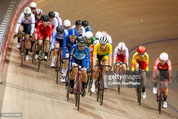 General view of the riders in action during the Women's Omnium Scratch Race 1\4 at the Sir Chris Hoy Velodrome on day two of the UCI Track Cycling...