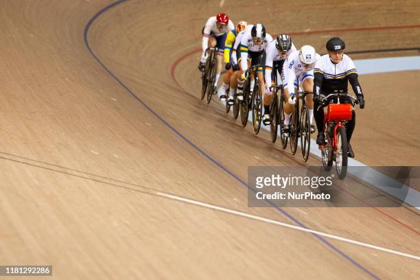 General view of the riders in action during the Women's Keirin Second Round Qualifier at the Sir Chris Hoy Velodrome on day two of the UCI Track...