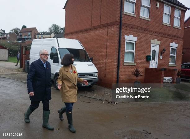 Labour leader Jeremy Corbyn and Labour MP Caroline Flint visit flood hit Conisbrough on November 8, 2019 in Doncaster, England. Parts of northern...