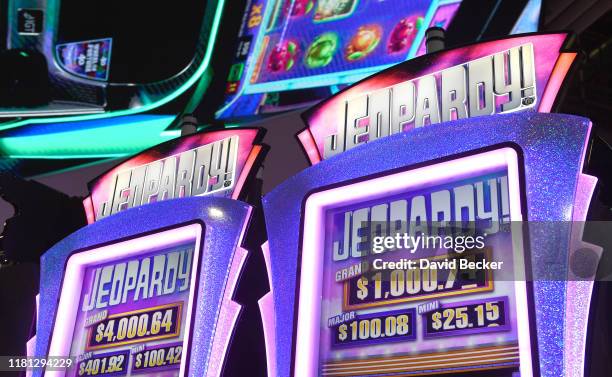 Jeopardy!"-themed IGT slot machines are displayed at the IGT booth during the trade show debut of two "Jeopardy!"-themed IGT slot machines during the...