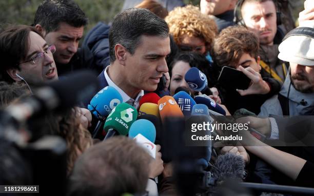 Spanish acting Prime Minister and Leader of the Socialist Party Pedro Sanchez speaks to press after casting his ballot at a polling station in...