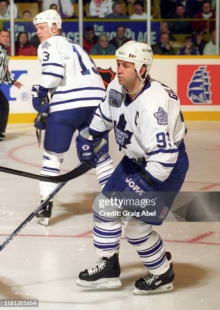 Doug Gilmour of the Toronto Maple Leafs skates against the St. Louis Blues during NHL game action on December 3, 1996 at Maple Leaf Gardens in...