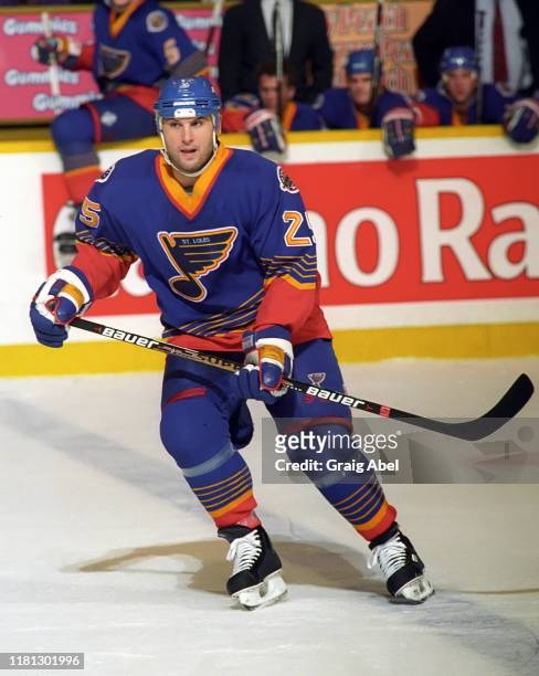 Peter Zezel of the St. Louis Blues skates against the Toronto Maple Leafs during NHL game action on December 3, 1996 at Maple Leaf Gardens in...