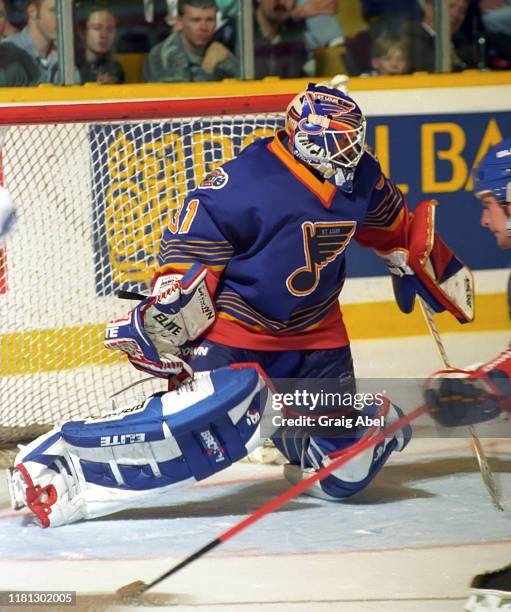 Grant Fuhr of the St. Louis Blues skates against the Toronto Maple Leafs during NHL game action on December 3, 1996 at Maple Leaf Gardens in Toronto,...