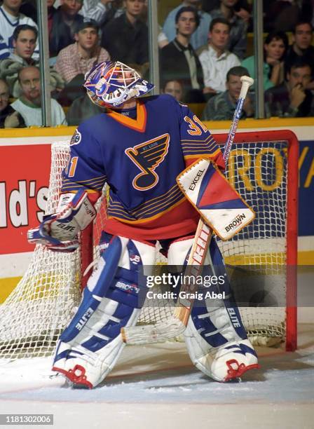 Grant Fuhr of the St. Louis Blues skates against the Toronto Maple Leafs during NHL game action on December 3, 1996 at Maple Leaf Gardens in Toronto,...