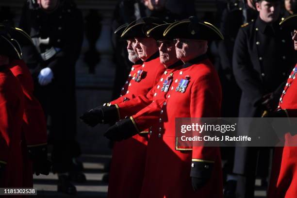 Chelsea Pensioners march past during the annual Remembrance Sunday memorial at The Cenotaph on November 10, 2019 in London, England. The armistice...