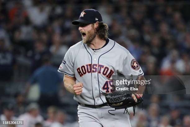 Gerrit Cole of the Houston Astros celebrates retiring the side during the sixth inning against the New York Yankees in game three of the American...