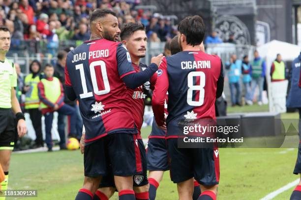 Fabio Pisacane of Cagliari scores his goal 2-0 during the Serie A match between Cagliari Calcio and ACF Fiorentina at Sardegna Arena on November 10,...