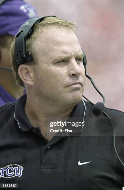 Head coach Gary Patterson of the Texas Christian University Horned Frogs stands on the sideline during the NCAA football game against the Nebraska...