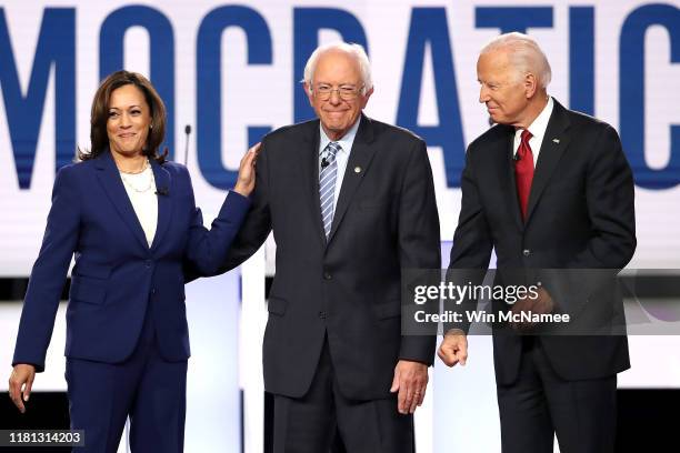 Sen. Kamala Harris , Sen. Bernie Sanders , and former Vice President Joe Biden enter the stage before the Democratic Presidential Debate at Otterbein...