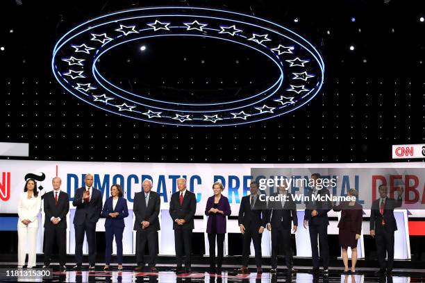 Democratic presidential candidates Rep. Tulsi Gabbard , billionaire Tom Steyer, Sen. Cory Booker , Sen. Kamala Harris , Sen. Bernie Sanders , former...