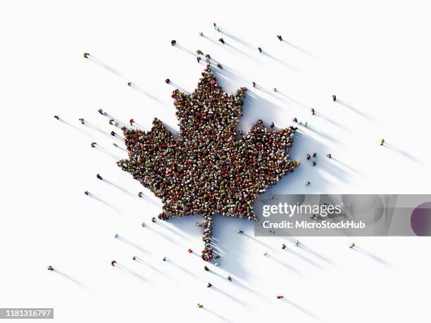 human crowd forming a maple leaf - canada concept - bandeira do canadá imagens e fotografias de stock