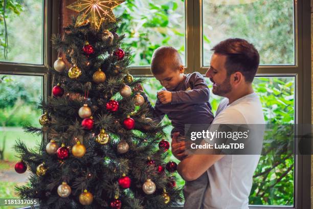 versieren van de kerstboom met papa - christmas summer stockfoto's en -beelden