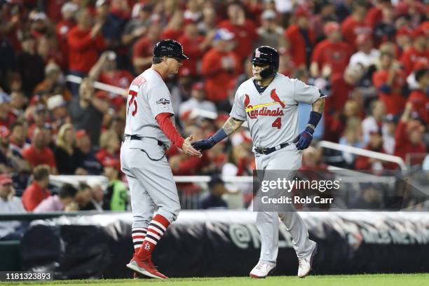 Yadier Molina of the St. Louis Cardinals runs the bases after hitting a solo homerun in the fourth inning against the Washington Nationals during...