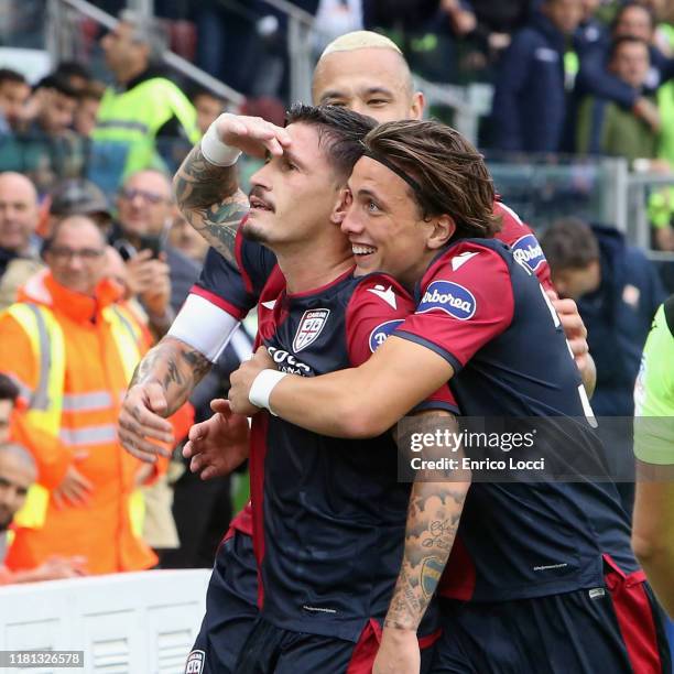 Fabio Pisacane of Cagliari celebrates scoring his team's second goal during the Serie A match between Cagliari Calcio and ACF Fiorentina at Sardegna...