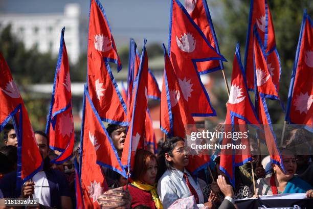 Nepalese People along with National Flag stage a demonstration in Kathmandu, Nepal on Sunday, November 10, 2019 against the controversial map...