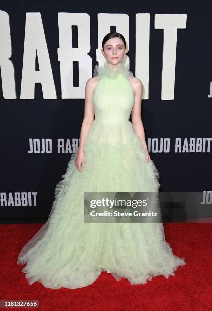 Thomasin McKenzie attends the premiere of Fox Searchlights' "Jojo Rabbit" at Post 43 on October 15, 2019 in Los Angeles, California.