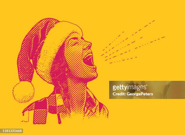 young woman wearing santa hat singing - ethnic woman at christmas stock illustrations