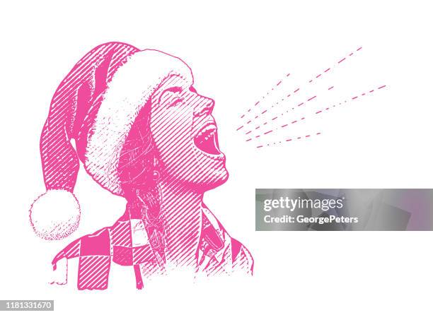 junge frau trägt santa hut singen - pink - singer stock-grafiken, -clipart, -cartoons und -symbole