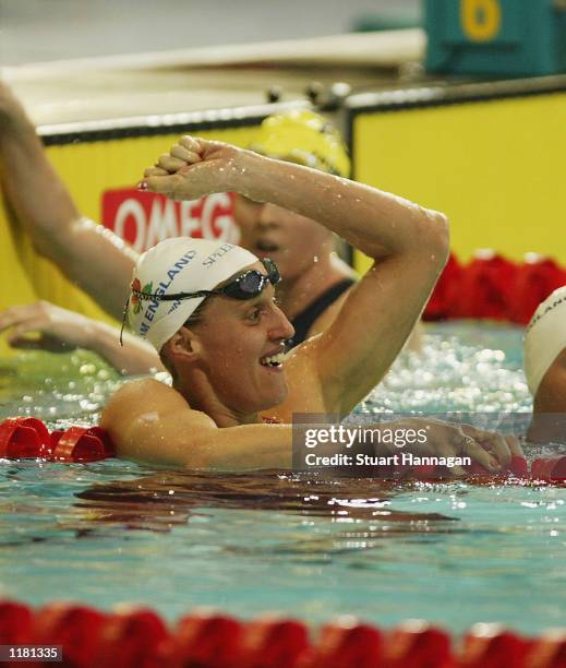 Karen Pickering of England celebrates after winning gold in the Women's 200M Freestyle final from the Manchester Aquatics centre during the 2002...