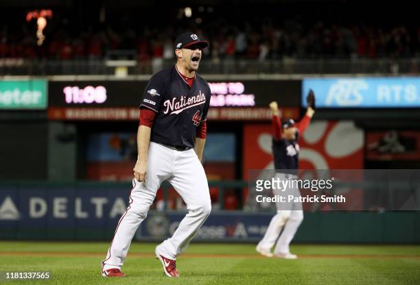 Daniel Hudson of the Washington Nationals celebrates winning game four and the National League Championship Series against the St. Louis Cardinals at...