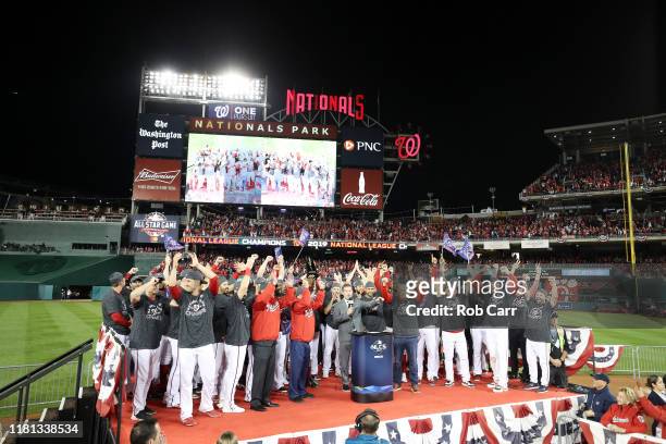The Washington Nationals celebrate winning game four and the National League Championship Series against the St. Louis Cardinals at Nationals Park on...