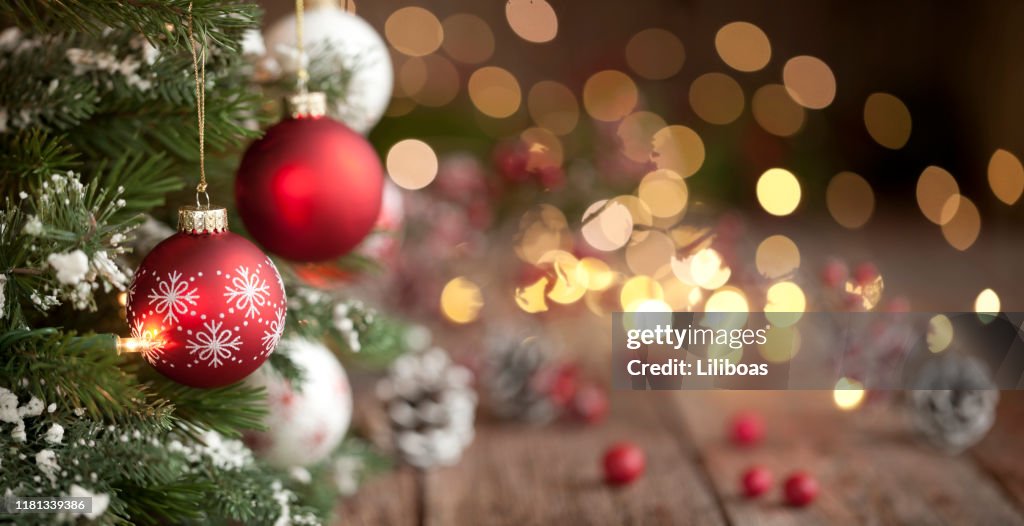 Christmas Tree, Ornaments and Defocused Lights Background