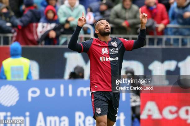 Joao Pedro of Cagliari celebrates his goal to make 4-0 during the Serie A match between Cagliari Calcio and ACF Fiorentina at Sardegna Arena on...