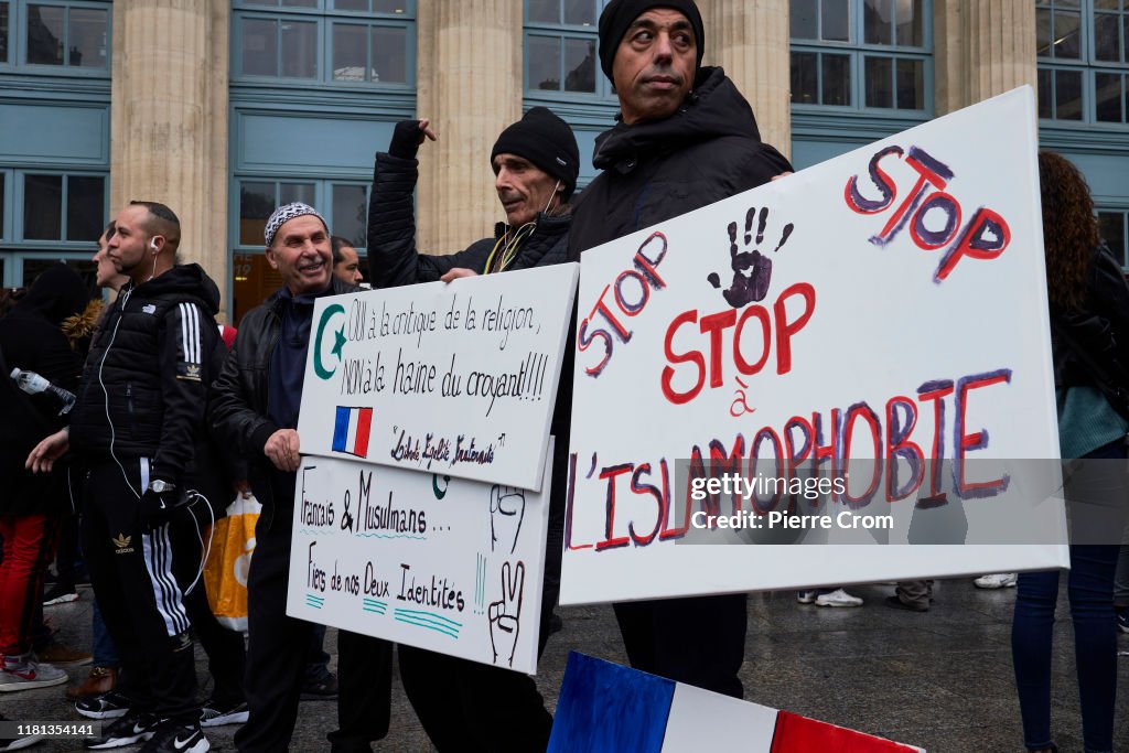 Demonstrators Attend A Protest Against Islamophobia Outside Gare Du Nord