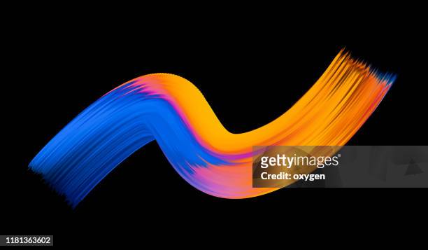 abstract orange blue brush stroke, paint splash, 3d creative smear, dynamic splatter, colorful curl, artistic ribbon, isolated on black background - fashion orange colour stock pictures, royalty-free photos & images