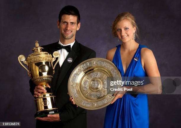 The Official Portrait of Wimbledon winners Novak Djokovic of Serbia and Petra Kvitova of the Czech Republic at The Wimbledon Champions' Dinner 2011,...