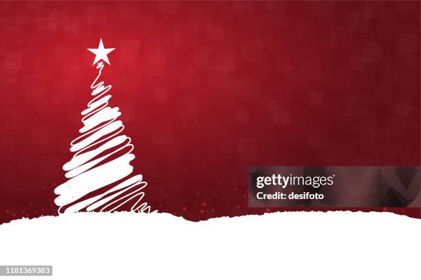 horizontal vector illustration of a creative dark red maroon wine color background with one creative white christmas tree with a bright shining star at top, snow all over the ground and on tree - christmas decoration stock illustrations