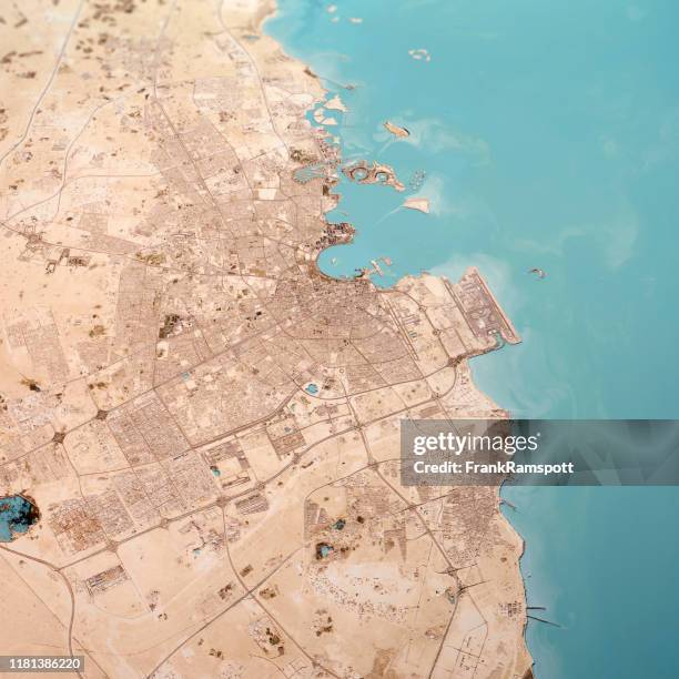 doha qatar 3d render topo landscape view from south feb 2019 - doha map stock pictures, royalty-free photos & images